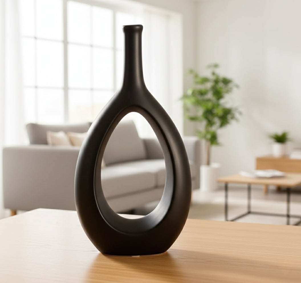 Nordic doughnut vase in long cork shape made of concrete and ceramic.