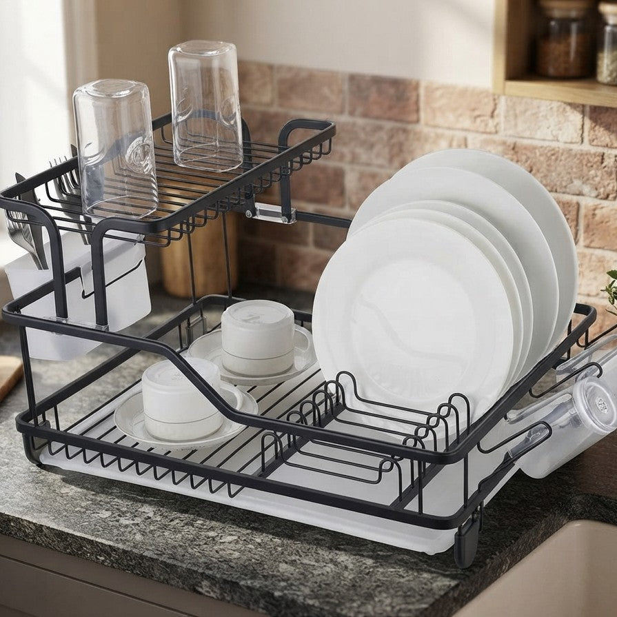 Large single layer carbon steel dish rack measuring 48 × 38 × 28 cm, designed for kitchen countertop dish storage and drying.