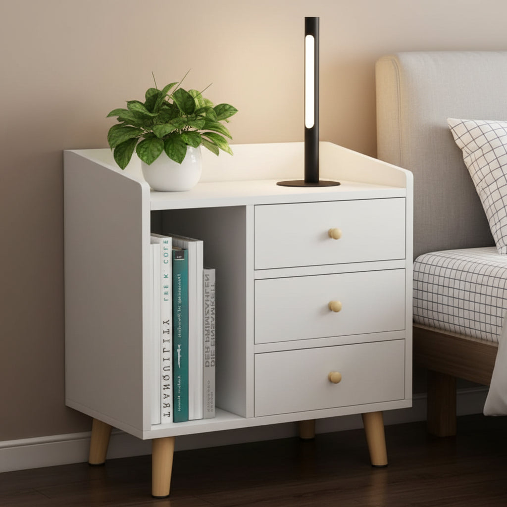 Multifunctional Wooden Bedside Table with 3 Drawers and Vertical Grid Storage