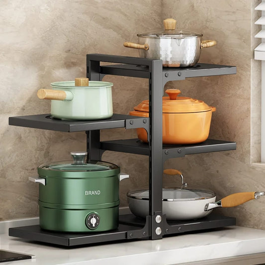 Multi-layer adjustable pot storage rack for kitchen cabinets and countertops