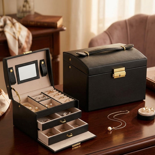 PU leather jewellery box organizer in black and brown for storing and protecting accessories.