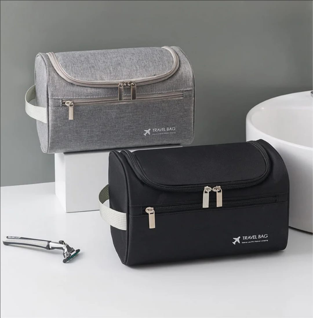 Portable Waterproof Hanging Storage Bag – Travel Cosmetic Organizer in Navy Blue Grey and Black