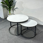 Gemelli Collections black metal nesting coffee table set with white marble top round tables for modern living room décor.