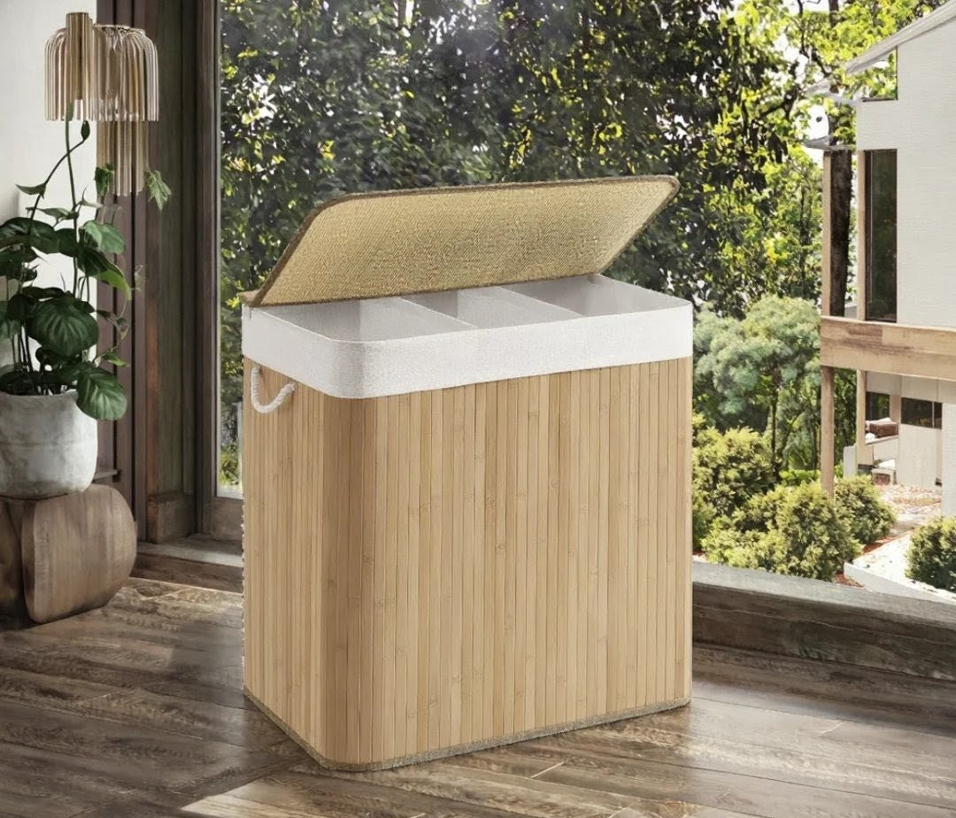 3-grid foldable bamboo laundry basket