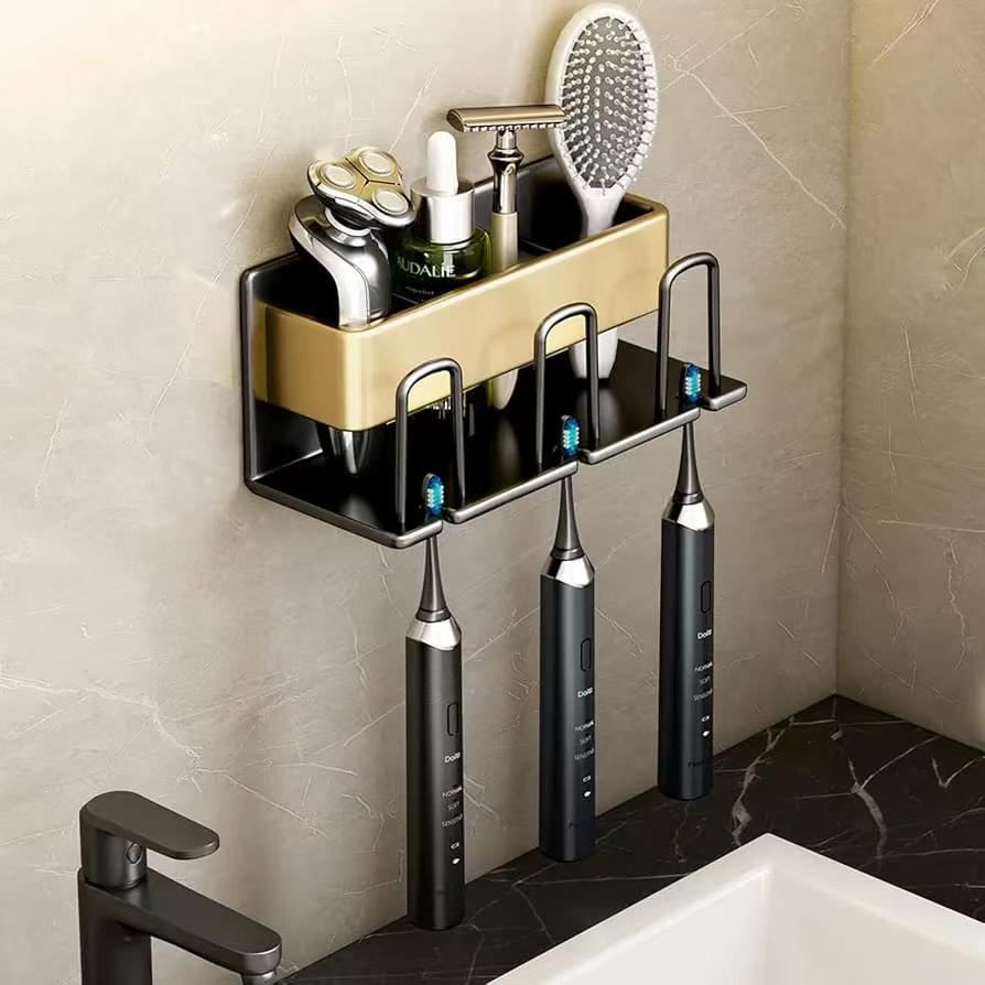 Metallic wall-mounted toothbrush and toothpaste holder for bathroom organization.