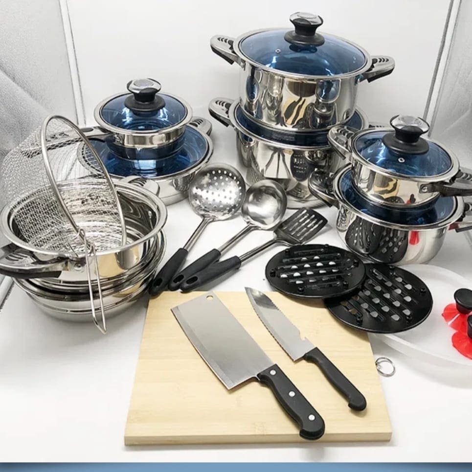 30-piece Cookware set arranged for kitchen use.