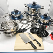 30-piece Cookware set arranged for kitchen use.