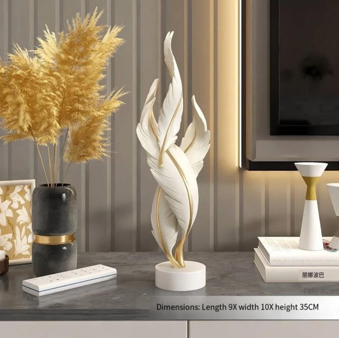 Dawood Lifestyle & Gadgets kes white and gold twisted feather resin sculpture with round base for tabletop and console decor