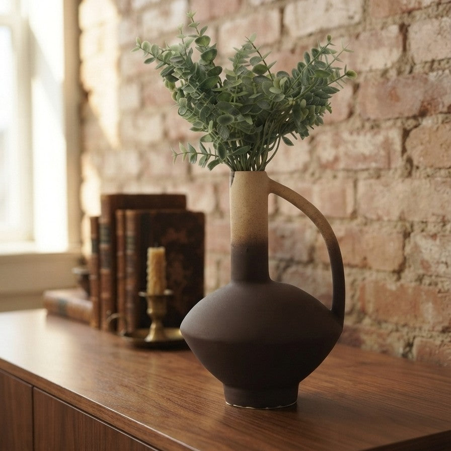 Two Tone Ceramic Amphora Vase with Eucalyptus Stems