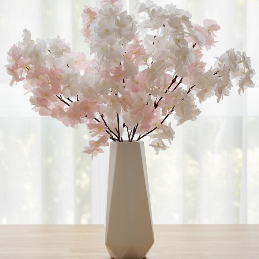 Plastic Vase With Artificial Cherry Blossom Flowers For Elegant Home Décor