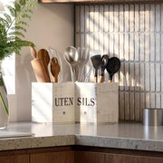 Wooden kitchen utensils holder with white rustic finish for stylish countertop organization