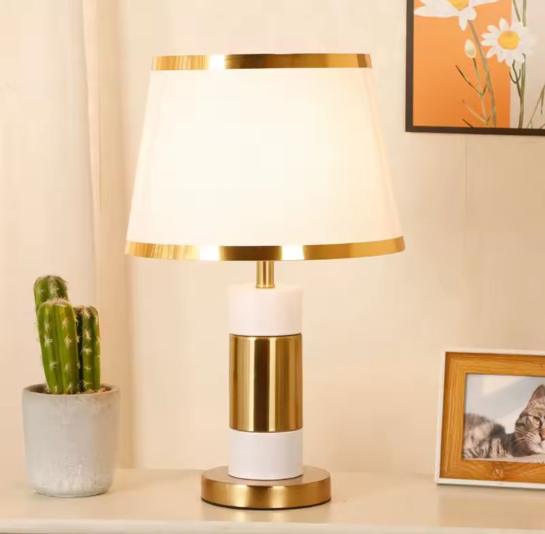 White and gold column table lamp for elegant bedroom or living room décor