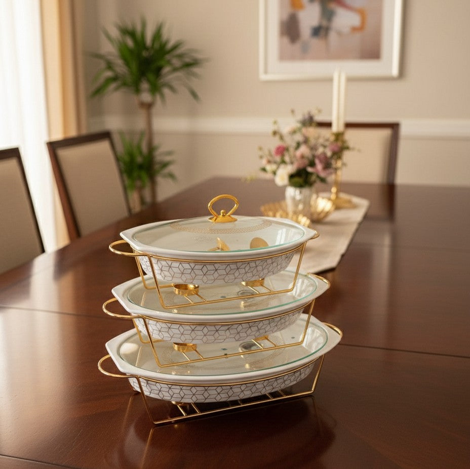 3 pieces ceramic food warmer set with metal stand and burners
