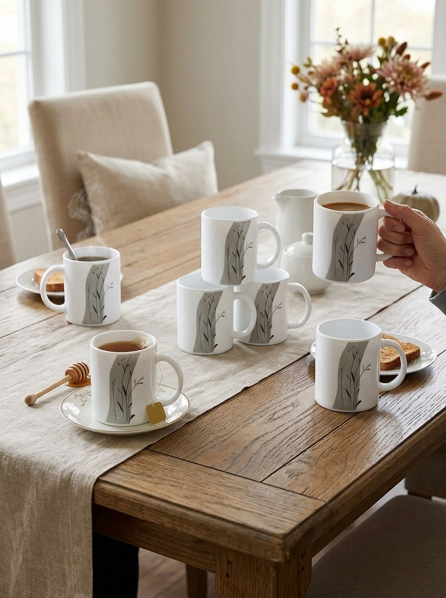 Set of six durable ceramic cups for tea and coffee