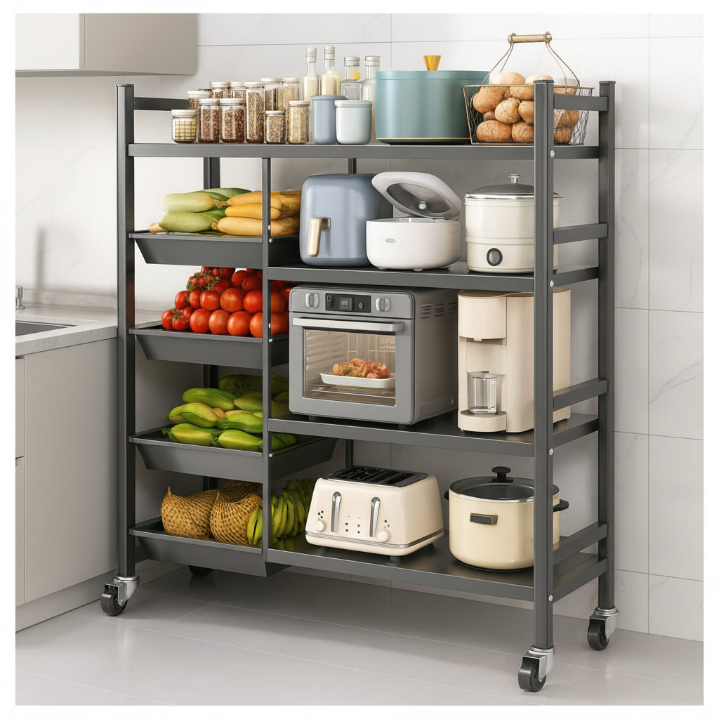 Black multifunctional metallic kitchen rack with 4 removable baskets and lockable wheels 135x90x32cm