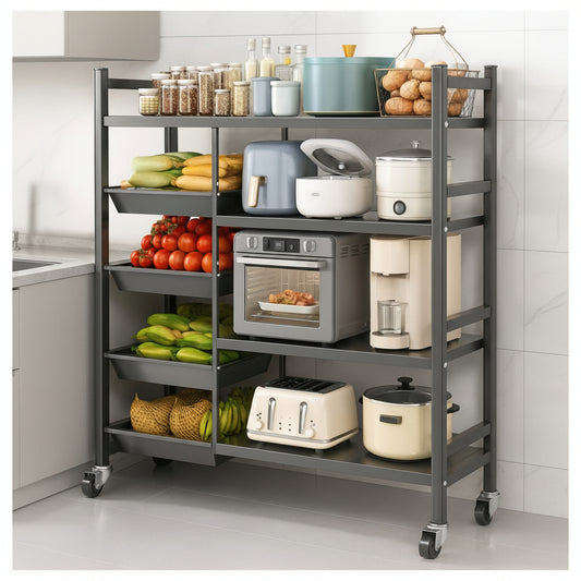 Black multifunctional metallic kitchen rack with 4 removable baskets and lockable wheels 135x90x32cm