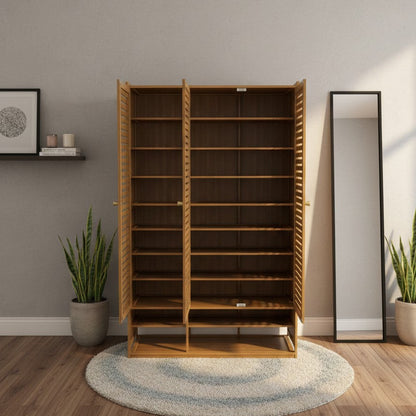 10 Tier Bamboo Shoe Cabinet with Slatted Doors and Open Shelves