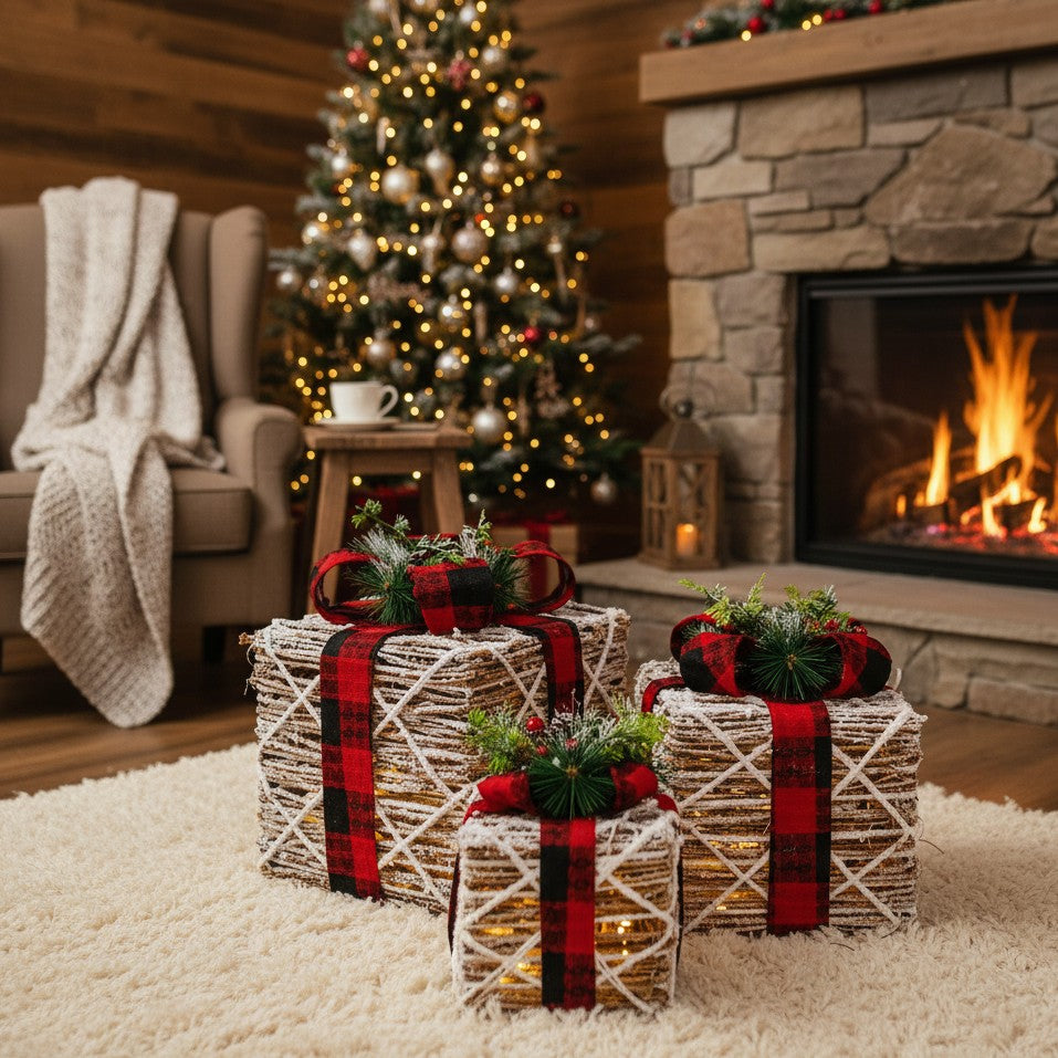 3pc Christmas Decoration Gift Box Set with Lights