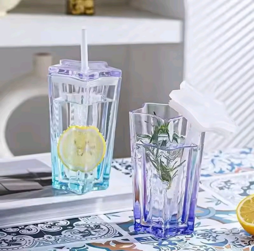 6Pcs Pentagonal Glass Tumbler With Straw