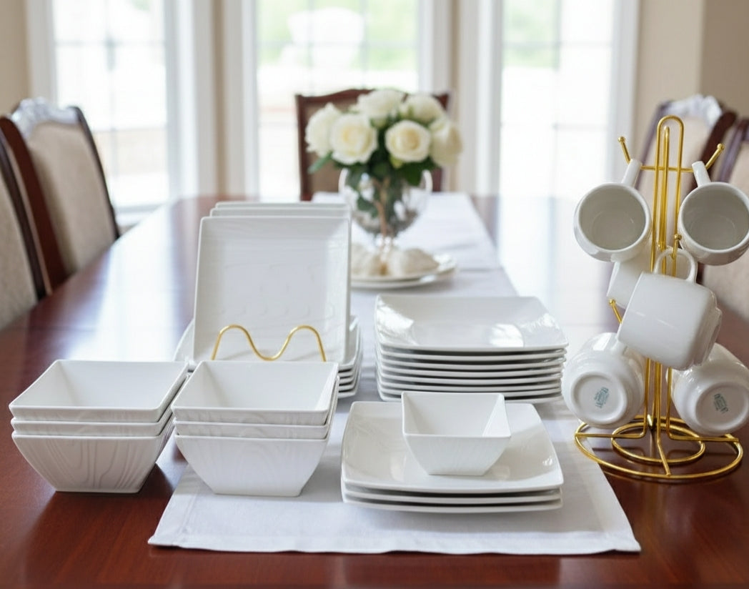 24-piece Square dinner set with plates, bowls, and cups