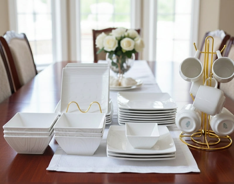 24-piece Square dinner set with plates, bowls, and cups