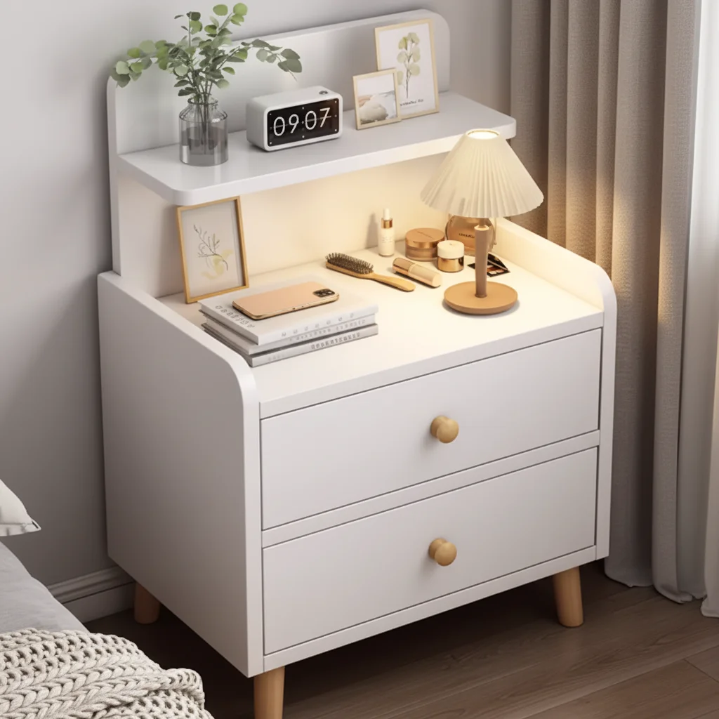 Minimalist wooden bedside table with multilayer open storage and a private drawer, measuring 37 × 30 × 70 cm.