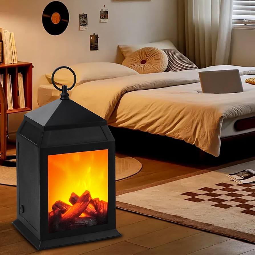 Vintage fireplace lantern with warm glowing light