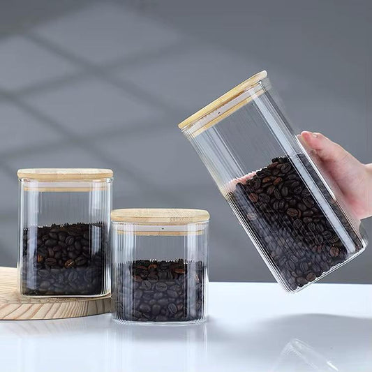 3Pcs Ribbed Glass Storage Jars With Bamboo Lids