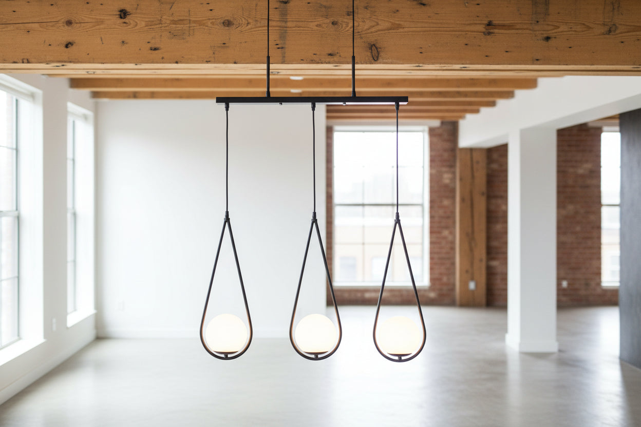 Black and white 3 light pendant lamp with glass shades and E27 holders for modern indoor ceiling lighting