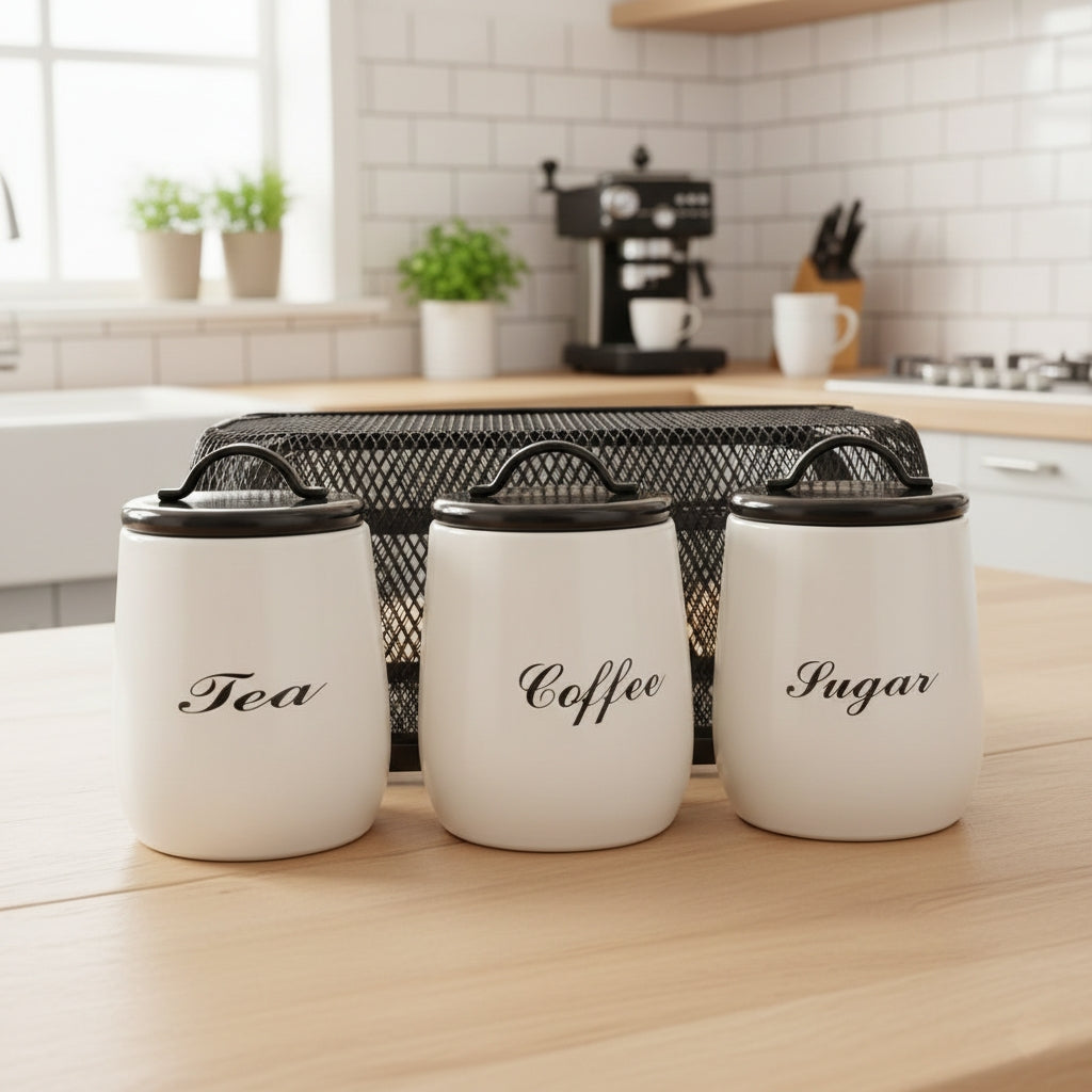 White alloyed metal sugar, tea, and coffee canister set