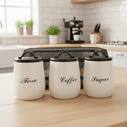 White alloyed metal sugar, tea, and coffee canister set