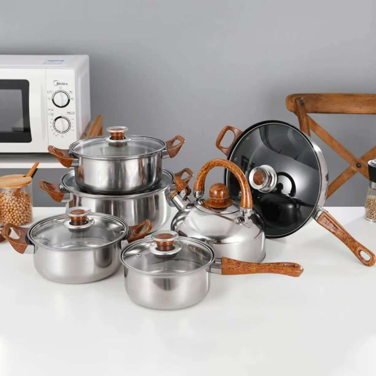 12Pc Stainless Steel Cookware Set with Kettle