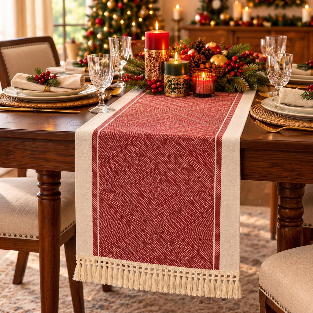 240cm Red and Cream Christmas Table Runner with Festive Patterns and Tassel Fringes 