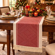 240cm Red and Cream Christmas Table Runner with Festive Patterns and Tassel Fringes 