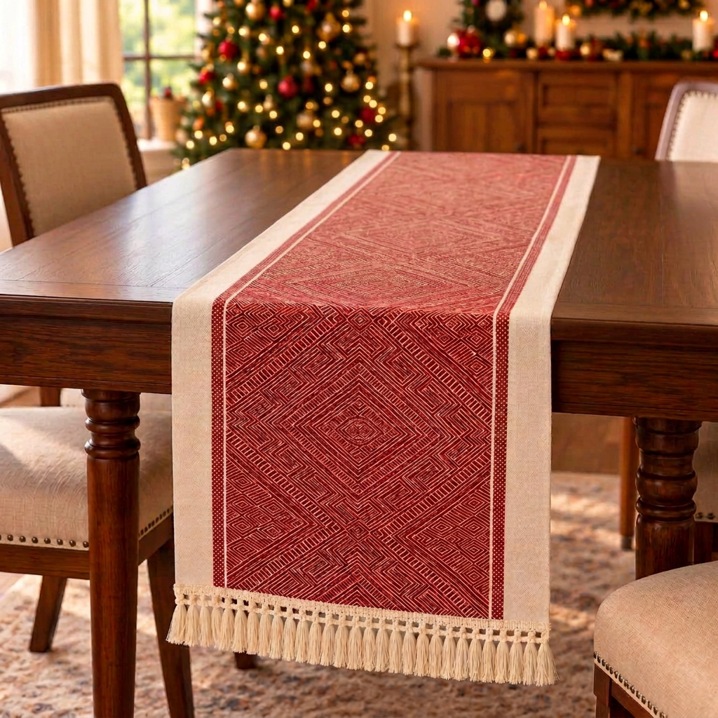 240cm Red and Cream Christmas Table Runner with Tassel Fringes