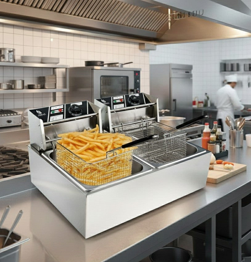 Double deep fryer with two 6 litre tanks for commercial kitchen use