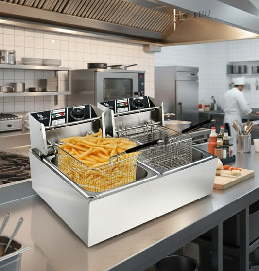 Double deep fryer with two 6 litre tanks for commercial kitchen use