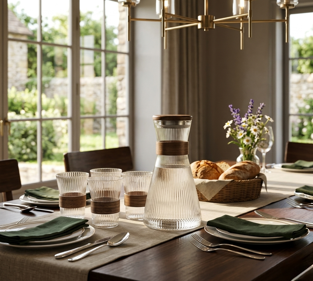 Japanese style heat-resistant glass jug with walnut sleeve and vertical stripe design for water, tea, coffee, and juice serving