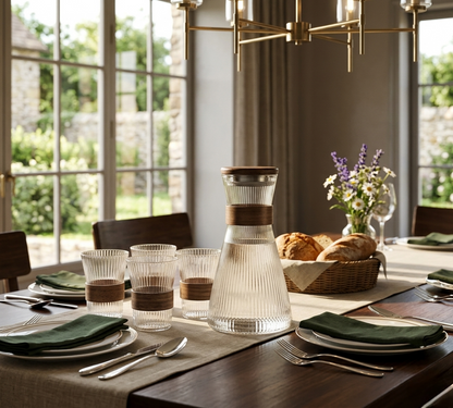Japanese style heat-resistant glass jug with walnut sleeve and vertical stripe design for water, tea, coffee, and juice serving
