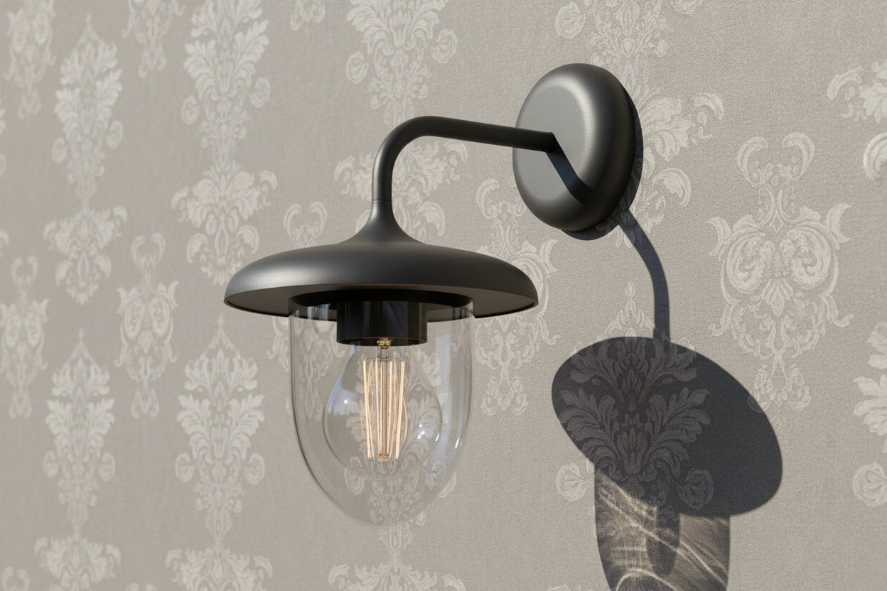 Black vintage style wall light with glass shade, outdoor E27 decorative fixture for garden and patio lighting