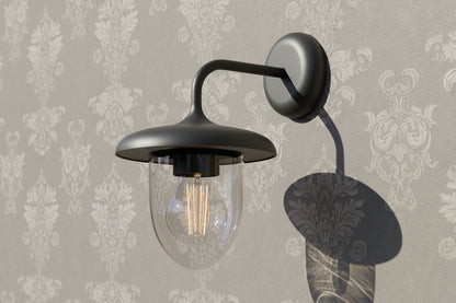 Black vintage style wall light with glass shade, outdoor E27 decorative fixture for garden and patio lighting