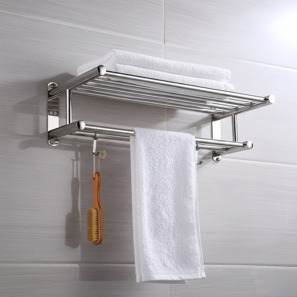 Silver stainless steel wall mounted bathroom towel rack with hooks.