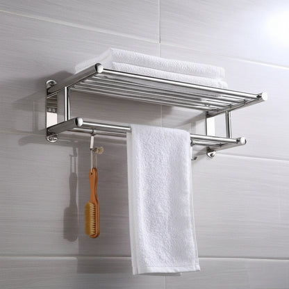 Silver stainless steel wall mounted bathroom towel rack with hooks.
