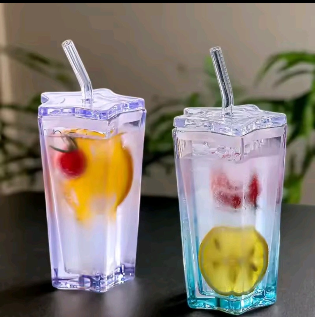 Heavy Duty Pentagonal Glass Tumbler with Straw