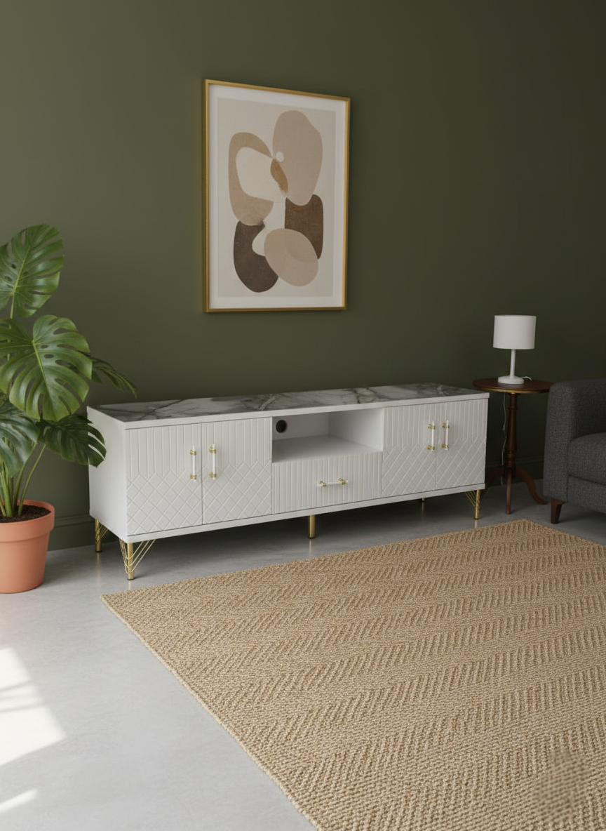 Six-foot TV stand with built-in fireplace for modern living room décor.