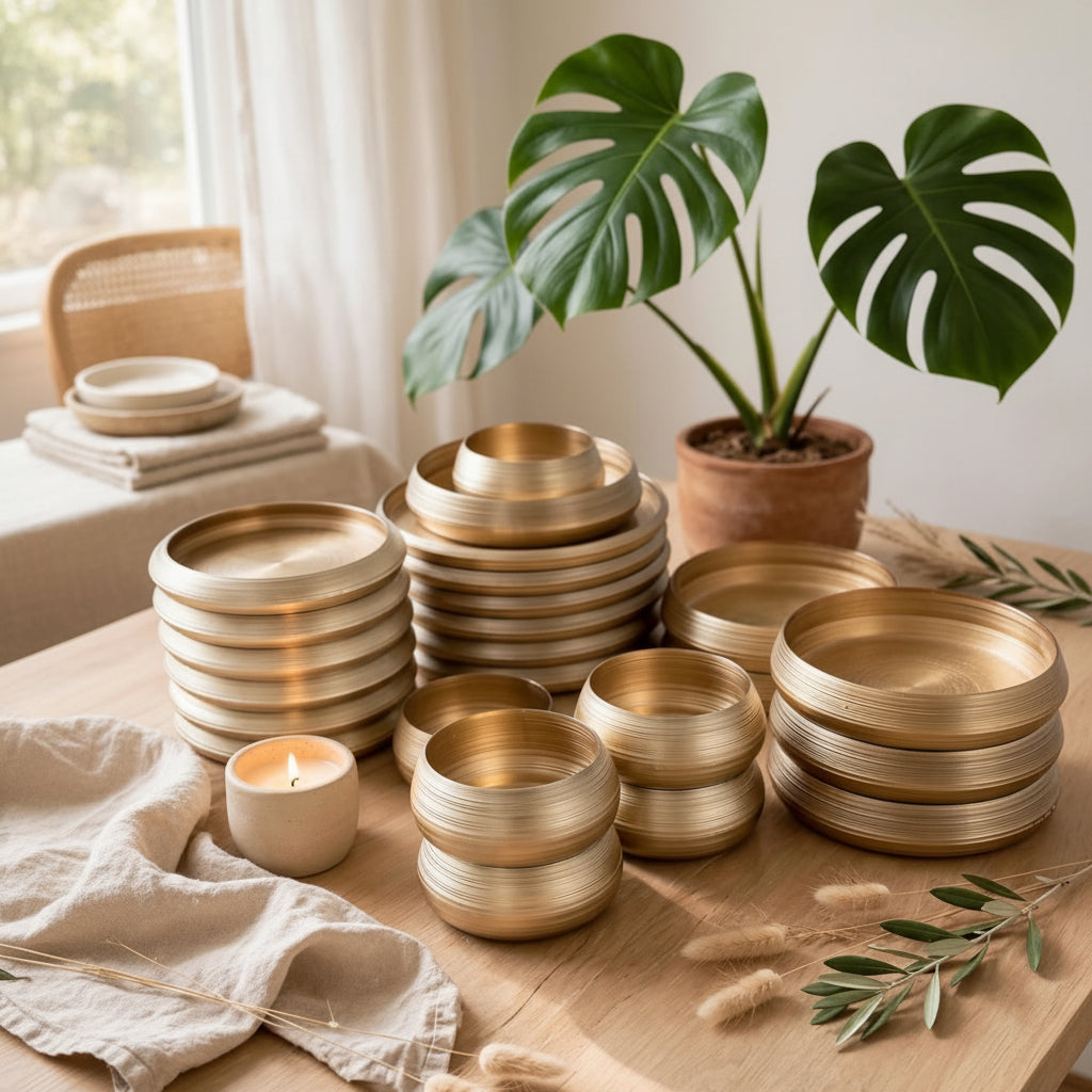 Gold and brown 24 piece hard glass dinner set with dinner plates, side plates, bowls, and soup bowls.