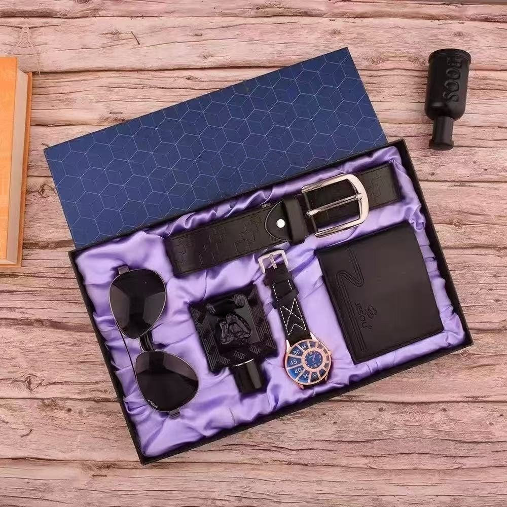 5-in-1 Jesou men’s gift set with belt, wallet, watch, perfume, and sunglasses in elegant packaging