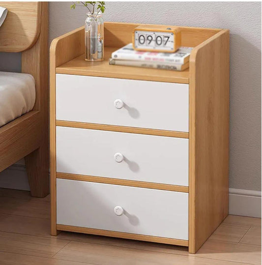 Gray three drawer bedside table big size with minimalist design for bedroom storage