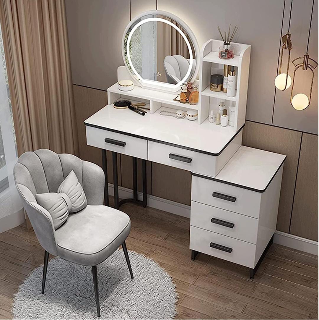 Minimalist dressing vanity table with LED mirror, multiple drawers, and spacious surface (seat not