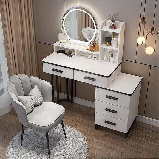 Minimalist dressing vanity table with LED mirror, multiple drawers, and spacious surface (seat not
